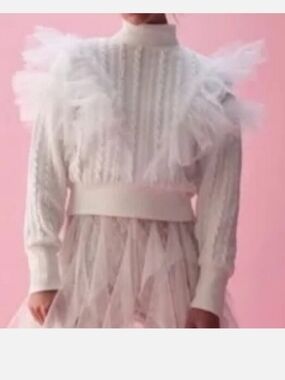 Free People Showstopper Ruffled Tulle Cable Sweater in White Size Small
